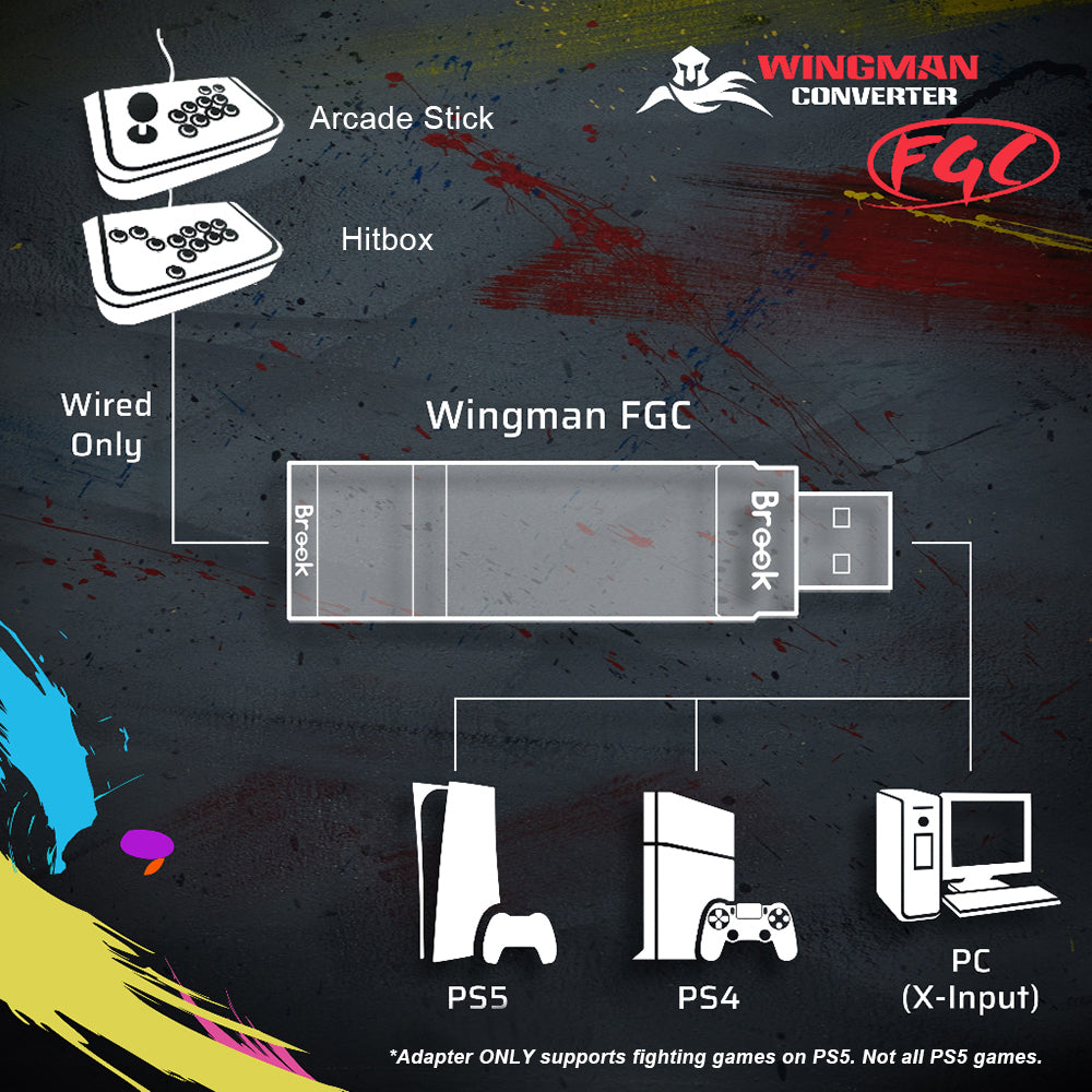 Brook Wingman FGC Converter Wired Arcade Fight Stick Hitbox Wired Controller to PS5PS4 PC XInput Zero Delay with Turbo Remapping Function