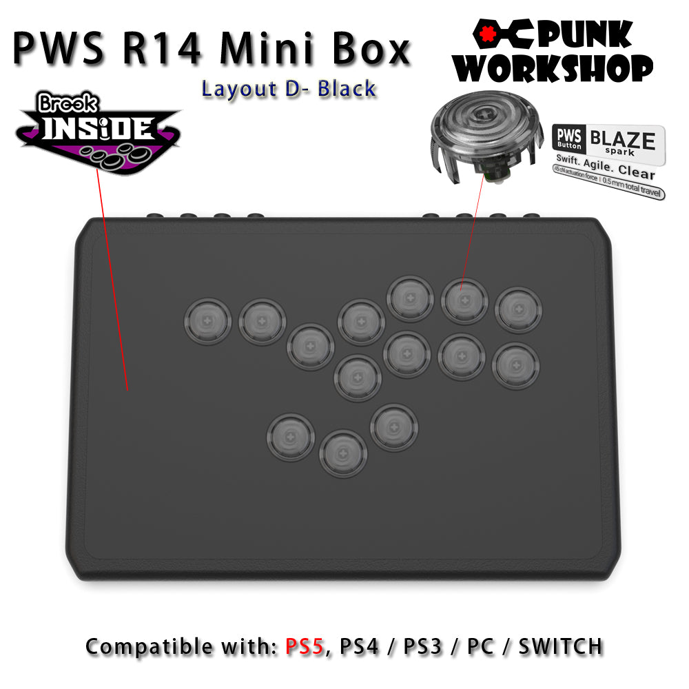 Punk Workshop Newest Mini Box PWS R14 Leverless Controller Support for PC/P S5 With PWS Blaze Spark Buttons Handle Fight Console